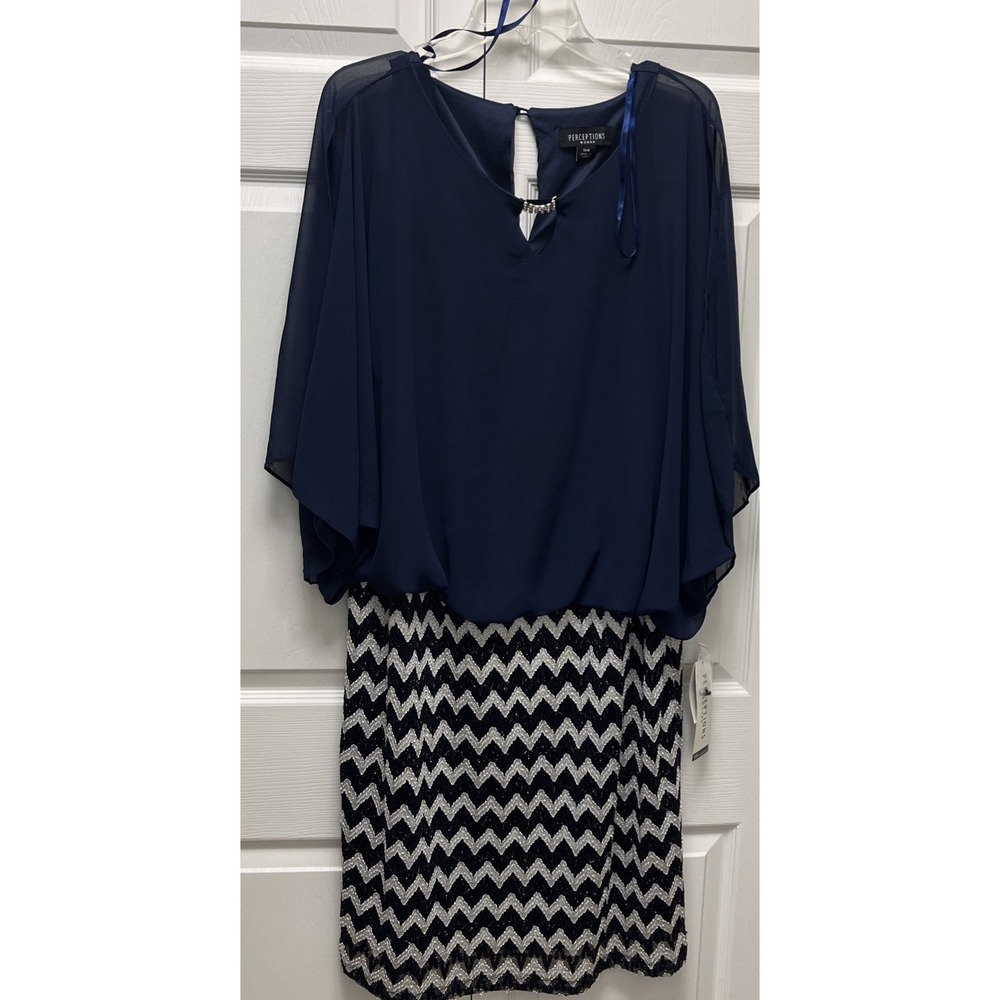 Perceptions Woman Dress Womens Plus‎ Size 18W Blue Chevron Layered Look